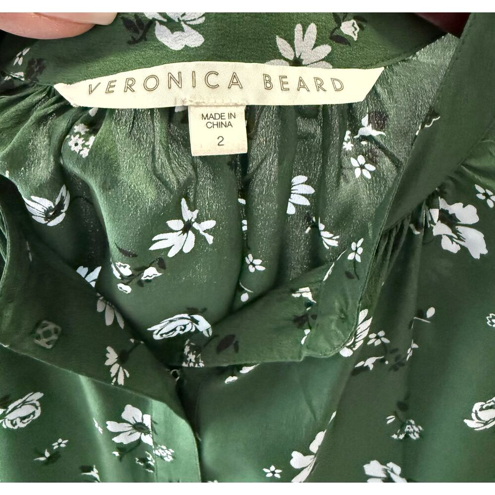 Veronica Beard | SZ 2 | Ashlynn Floral Silk Blouse Green White Button Front - Picture 8 of 11